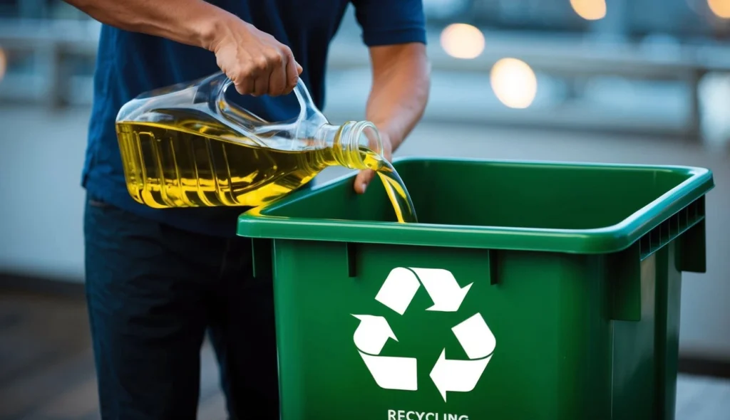 Óleo vegetal sendo colocado em recipiente de reciclagem